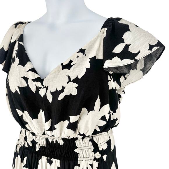 Rachel Zoe Black and Cream Floral Flutter Sleeve Tiered Maxi Dress Size XL - Picture 4 of 9